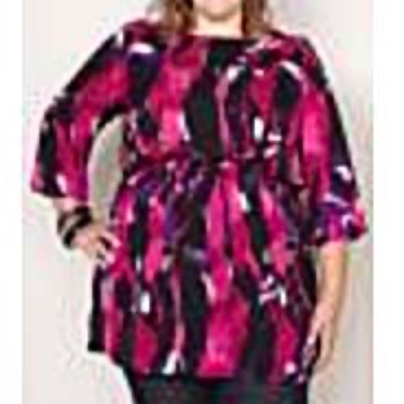 TUNIC, ALLOVER PRINT SATIN, DAZZLING FUSCHIA (Pink, Purple, Black, White), SZ 5X - Picture 1 of 1